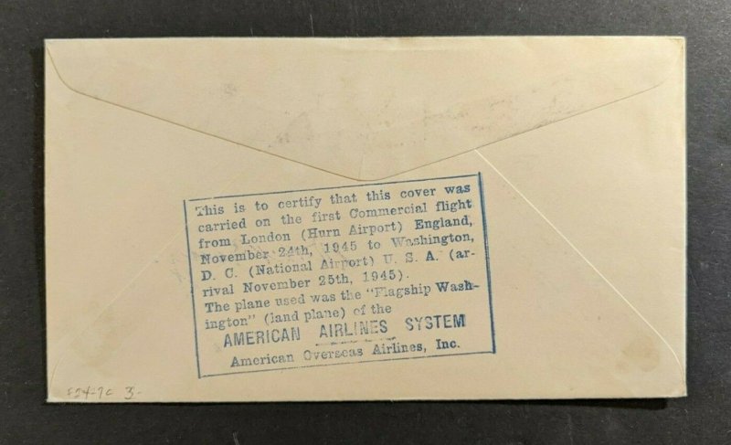 1945 England First Flight Cover to Washington DC American Airlines Pilot Signed
