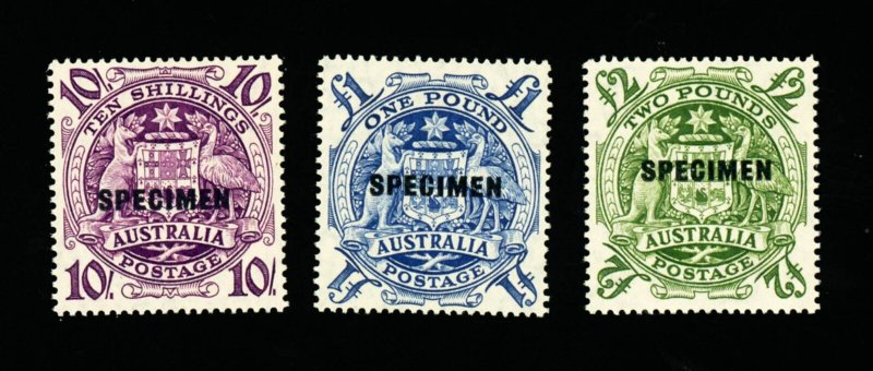 [AUSTRALIA] 1948: 10s / £1 / £2 SG 224bs + 224ds SPECIMEN set (MNH)