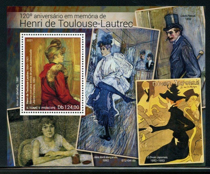 SAO TOME 2021 120th MEMORIAL OF HENRI TOULOUSE-LAUTREC PAINTINGS S/S MINT NH