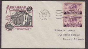 1936 Arkansas Centennial 100 yrs Sc 782-5 pair Harry Ioor cachet, typed address