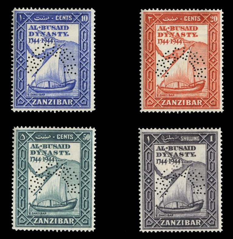 Zanzibar #218-221S (SG 323-326s) Cat£120, 1944 10c-1sh, set of four, perfora...