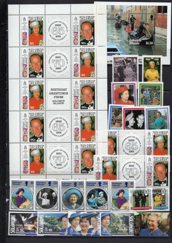 SOLOMON ISLANDS 1985-1992 ROYALTY SET OF 23 STAMPS, SHEET OF 10 STAMPS & S/S MNH