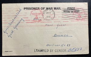 1942 German POW Prisoner of War Camp 30 Canada Letter Cover To Bremen Germany