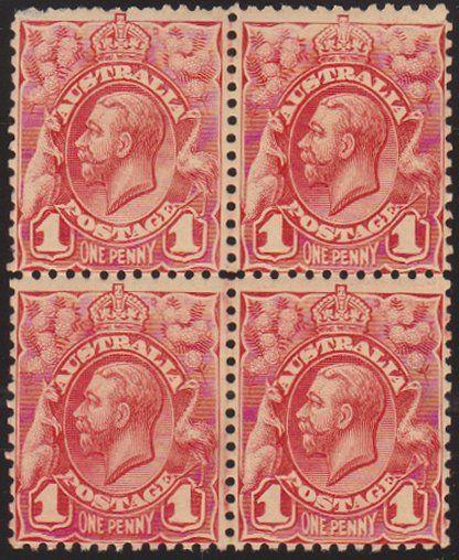 AUSTRALIA 1913 GV 1d pale red SG17c fresh mint/MNH block of 4...............5303