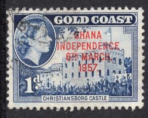 Ghana   #6  1957  used 1 d. Goldcoast stamp with independence overprin t
