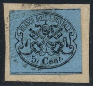 ITALIAN STATES ROMAN STATES #14, 5c black on light blue, used on piece,