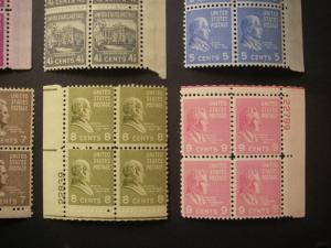 Scott 803 - 814, .5 - 9 cent Prexie Plate Blocks of 4, MNH Beauties, CV $19.80