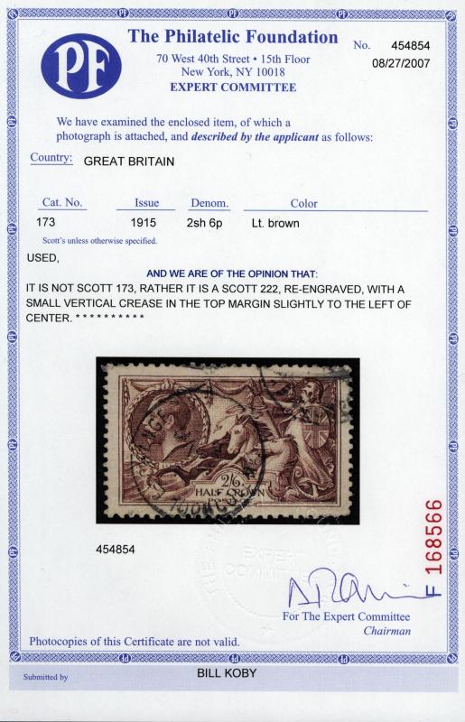 GB Sc#222 SG# 450 Used PF Certificate 1934 2sh6p brown Britannia...Waves