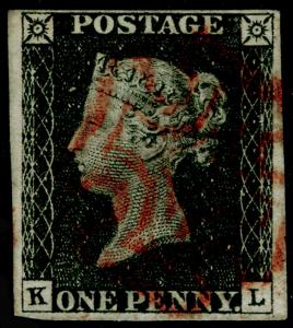 SG2, 1d black PLATE 4, FINE USED. Cat £400. RED MX. 4 MARGINS. KL