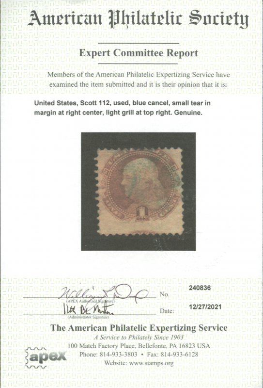 U.S. #112 USED WITH APS CERT