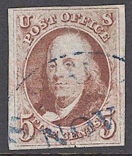 US Stamp #1 Red Brown USED w/ + $125 Blue Town Cancel SSCV $475