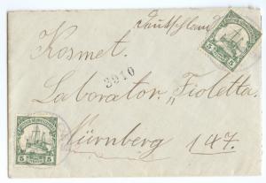 German Southwest Africa, 1910 Cover 5 Pf (2x). Yacht, KOES to Nuernberg
