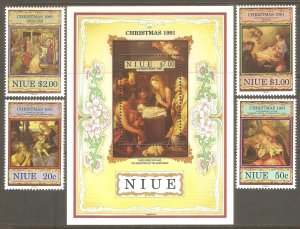 NIUE Sc# 599 - 603 MNH FVF Set4 + SS Christmas 1991 Art Paintings