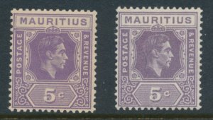 Mauritius 1938 & 1943 5 cent SG 255 & 255a Mint Hinged