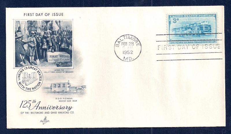 UNITED STATES FDC 3¢ Baltimore & Ohio Railroad 1952 ArtCraft