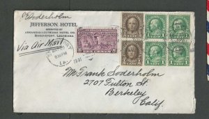 1931 Shreveport La Airmail + Special Delivery From Jefferson Hotel