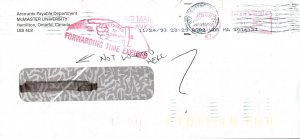 COMMERCIAL MAIL McMASTER UNIVERSITY CANADA STAMPED FORWARDING TIME EXPIRED
