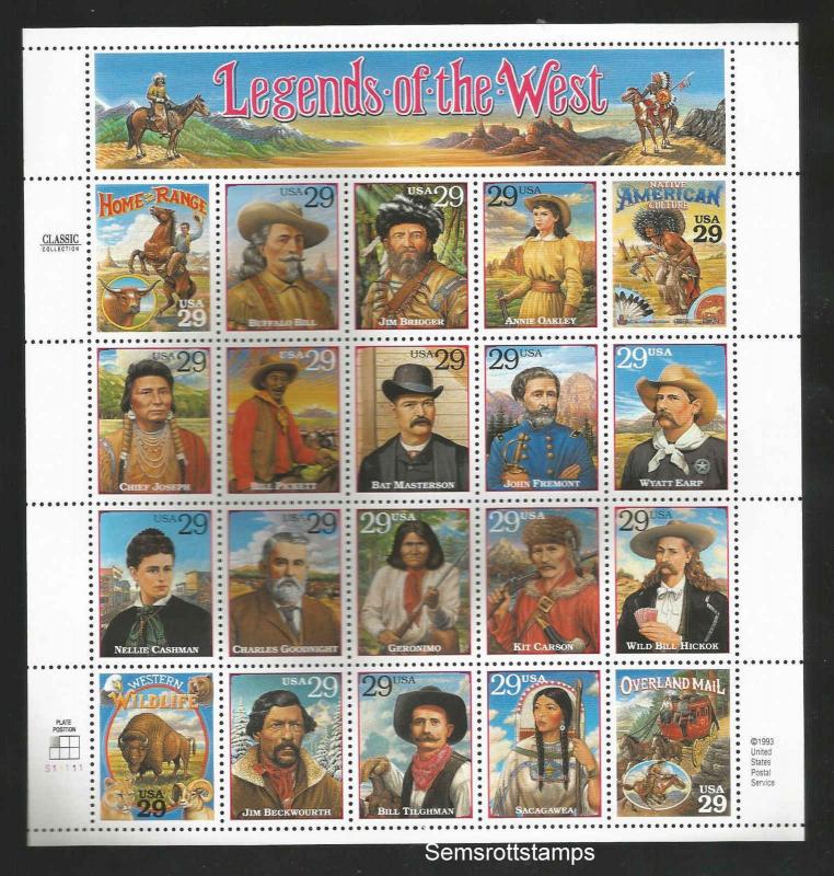 Legends of the West 29¢ Sheet of 20  MNH  VF Sc 2869