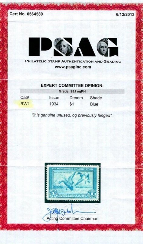 Scott #RW1 Federal Duck Stamp, Mint-OG-LH, PSAG Graded 95J SMQ $550 (9/30/24-DK)