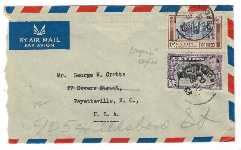 1953 Ceylon To USA Airmail Cover With Sc #286 & 287 (CC34)