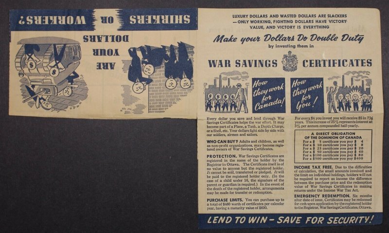 CANADA REVENUE FWS7//FWS14 USED WAR SAVINGS STAMPS ON APPLICATION FORM