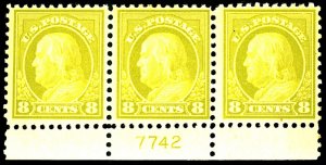 U.S. #508 MINT PL# STRIP OF 3 OG HR