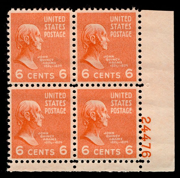 US #811 PLATE BLOCK, SUPERB mint never hinged, 6c Adams,  post office fresh, ...