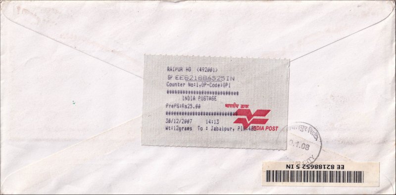 INDIA - 2007 EMS SPEED POST ENVELOPE TO JABALPUR WITH GANDHI MS