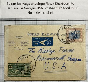 1960 Khartoum Sudan Railway Information Airmail Cover To Barnesville Ga USA