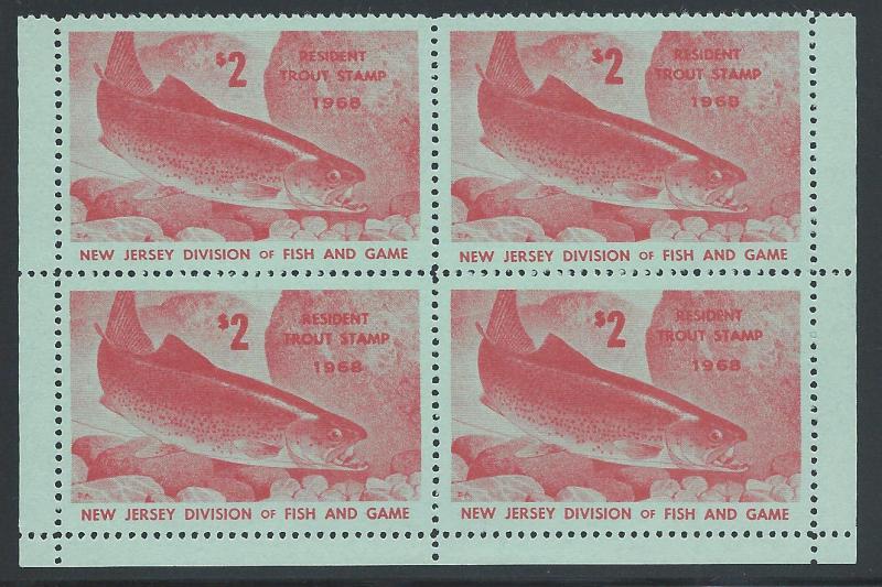 $2 Resident New Jersey Trout Stamp 1968 #31, Block of Fou...