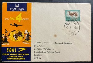 1959 Johannesburg South Africa First Flight Cover To England BOAC Jet Liner
