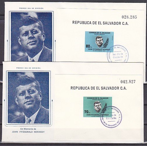 Salvador, Scott cat. 750, C214. Pres. Kennedy 2 s/sheets. 2 First day covers. ^