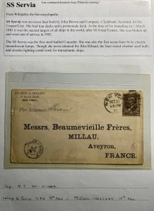 1885 New York USA SS Servia Cunard Line Commercial Cover To Millau France
