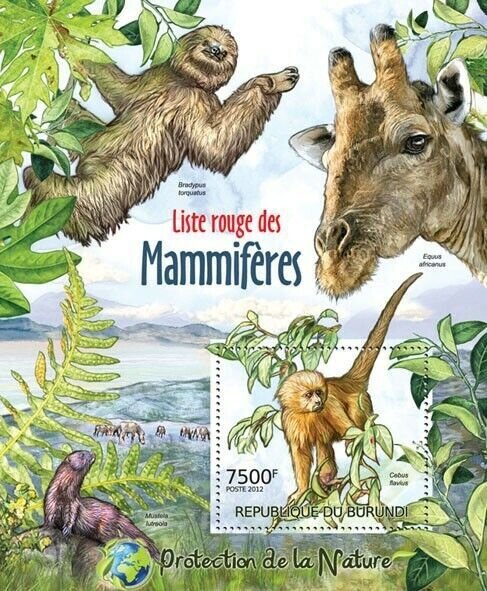 BURUNDI 2012 - Mammals in the red list S/S. Official issues.