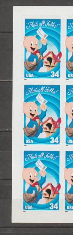 3535a, Single-BL, W/Die Cut in Margins. Porky Pig MNH, .34 cent.