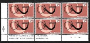 NEW ZEALAND  1970   15c   PICTORIAL   MNH   PLATE  BLK 6 #1A1A1A