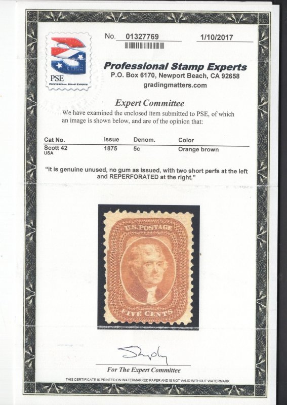 CERTIFIED US Stamp #42 5c Orange Brown Jefferson  MINT NGAI SCV $1250. PSE Cert.