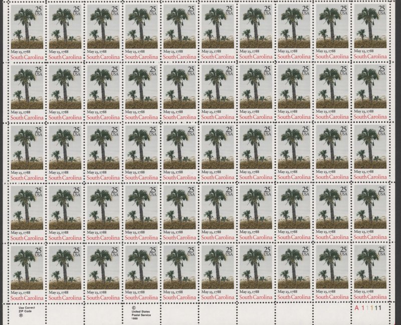 1988 US Scott #2343, 25C South Carolina, Sheet of 50 MNH