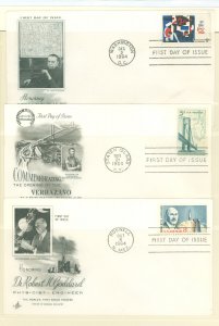 US 1258-59/C69 1964 3 U/A FDCs, Artcraft cachets, Stuart Davis, Verrazano Narrows Bridge, Dr. Robert Goddard airmail.