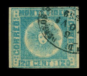 URUGUAY 1858  SUN   120c blue  Scott # 4  used  F/VF  5 Nov. 1859