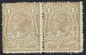 VICTORIA 1884 QV STAMP DUTY 1D PAIR WMK V/CROWN SG W19 PERF 12.5