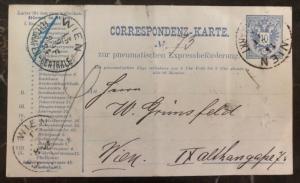 1884 Vienna Austria Pneumatic Mail Postal Stationary Postcard Cover Locally Used