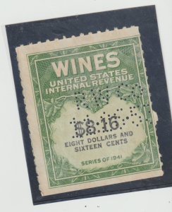 US  Scott #RE203 Used Perfin CXL $8.16 Wines Stamp Series of 1953 SCV$7.