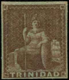 Trinidad SC# 1a brn red  Britannia 1p MH Imperf on Blue Paper