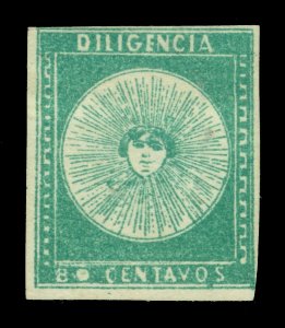 URUGUAY 1856  DILIGENCIAS  80c deep green  Scott # 2a  mint MH  VF stamp