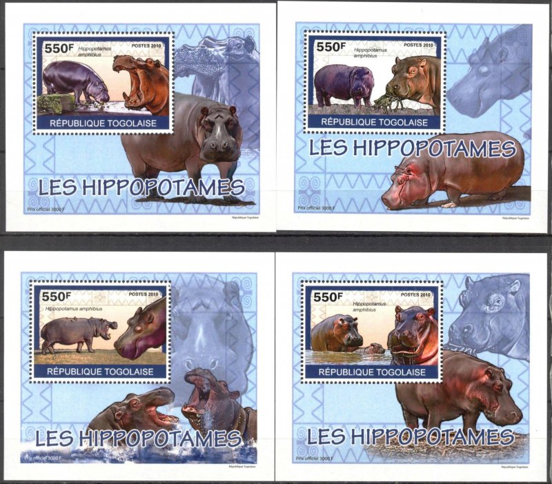 {085} Togo 2010 Hippopotamus 4 S/S Deluxe MNH**