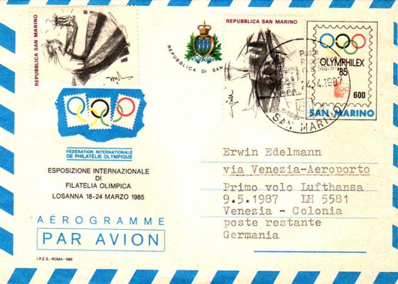 San Marino 600L Olymphilex '85 Air Envelope 1987 Posta Aerea Repubblica di S....