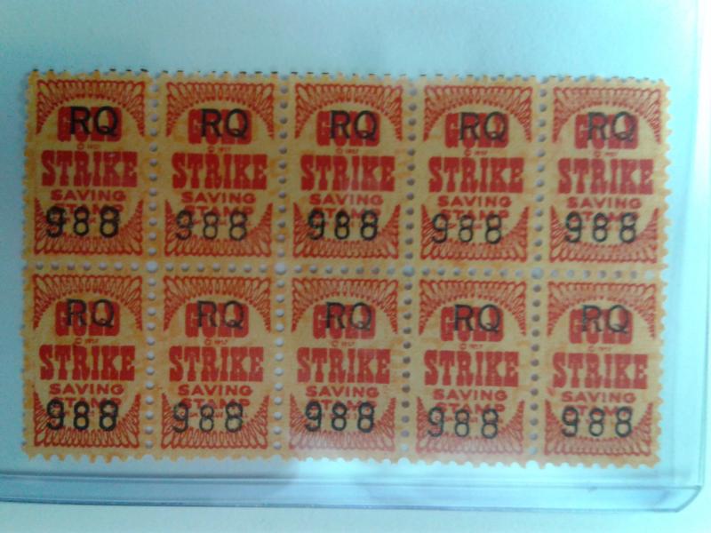 BACK OF BOOK GOLD STRIKE SAVINGS STAMPS 1957 BLOCK OF 10 MINT NEVER HINGED