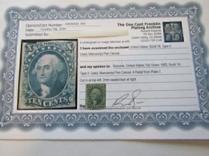 US Stamp, Scott # 14 Type II, 1855 used, with Certificate,