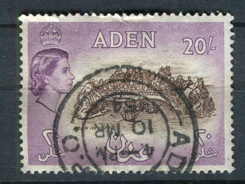 ADEN; 1950s early QEII Pictorial issue fine used 20s. value fair Postmark